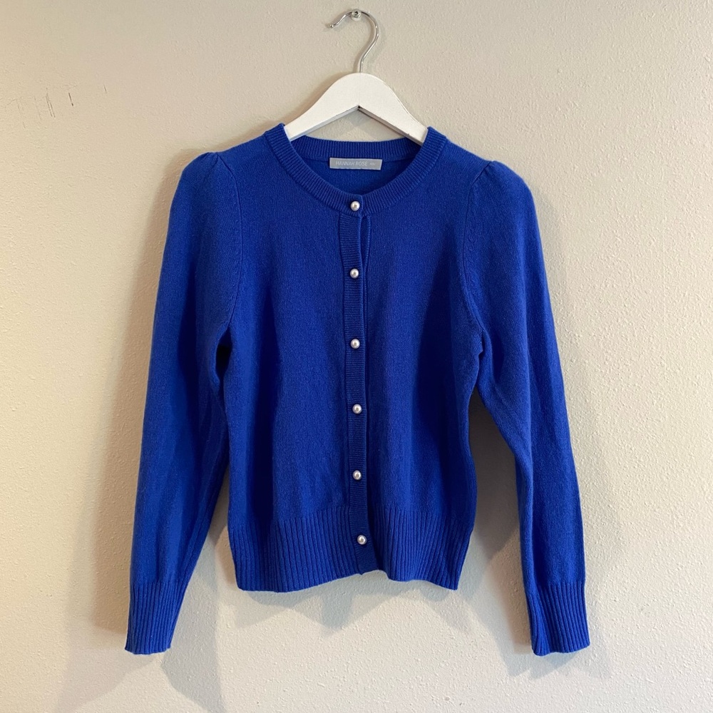 Hannah Rose Pearl Button Cardigan Size Medium Cobalt Blue 100% cashmere